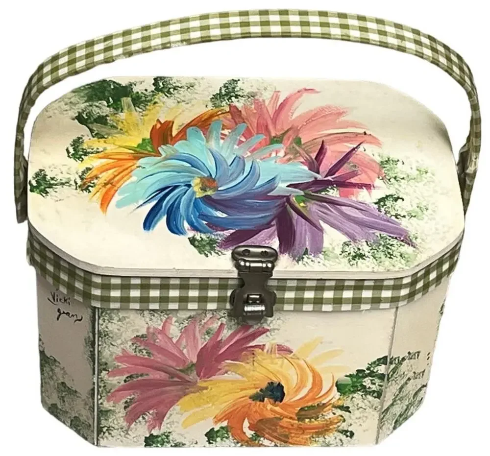 Vintage Vicki Jean wood purse Box. Hand Painted Flowers - Signed